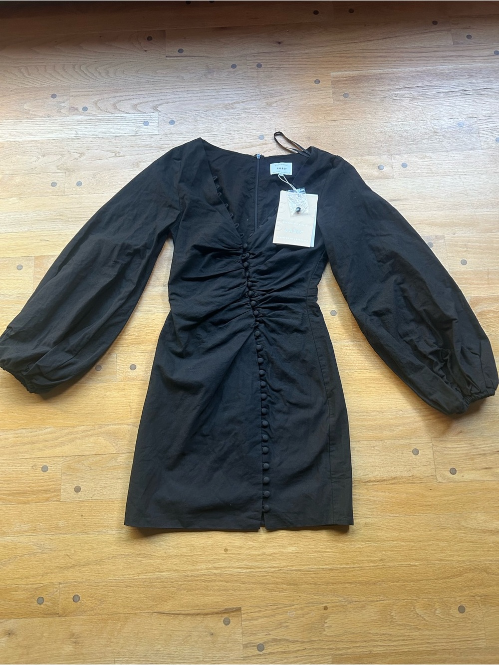 Black Ruched Button-Front Long Sleeve Mini Dress
